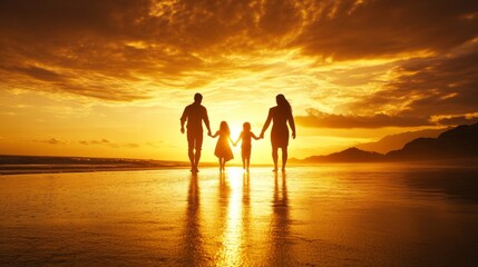 Fototapeta premium A heartwarming silhouette of a family holding hands while walking along a beach at sunset, their shadows stretching across the sand, symbolizing togetherness and love.