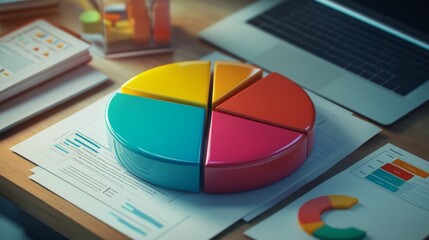 Fototapeta premium A high-angle view of a 3D pie chart with labeled segments, placed on a desk alongside business documents and a laptop, symbolizing data analysis in a corporate setting.