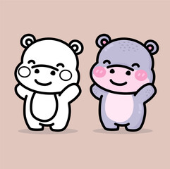 cute hippopotamus cartoon drawing and color book vector