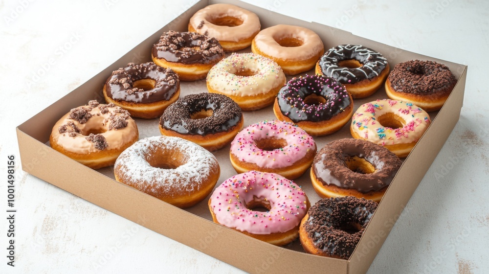 Aufkleber a high-angle view of a box of assorted donuts with an open lid, showcasing a mix of flavors and desi