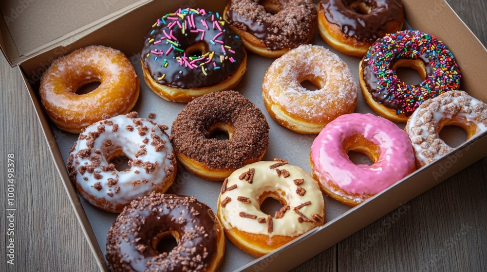 Aufkleber a high-angle view of a box of assorted donuts with an open lid, showcasing a mix of flavors and desi