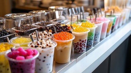 A high-angle view of a bubble tea shop counter, with freshly made drinks lined up, each with different types of boba and jelly toppings, ready for customers.
