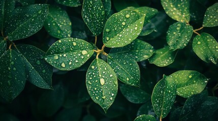 Fototapeta premium A high-angle view of a lush plant with numerous leaves covered in dew, creating a sparkling effect and showcasing the plants natural beauty.
