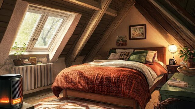 A cozy attic bedroom with a large window overlooking the trees, complete with a warm comforter and a reading nook by the window