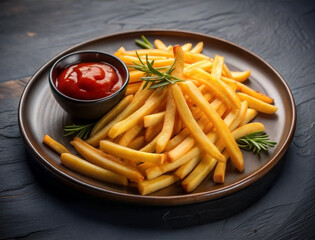 golden French fries with greens and ketchup in a brown dish on a dark background, a fast food concept