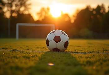 Obraz premium 3d rendering of soccer ball on green grass in the evening sunshine 