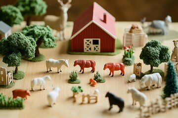 plastic toy animals and wooden house