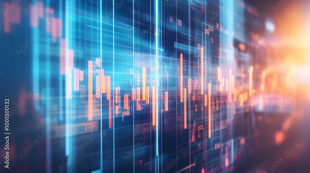 Poster a high-resolution image of a business financial graph with rising lines and bars, overlaid with nume