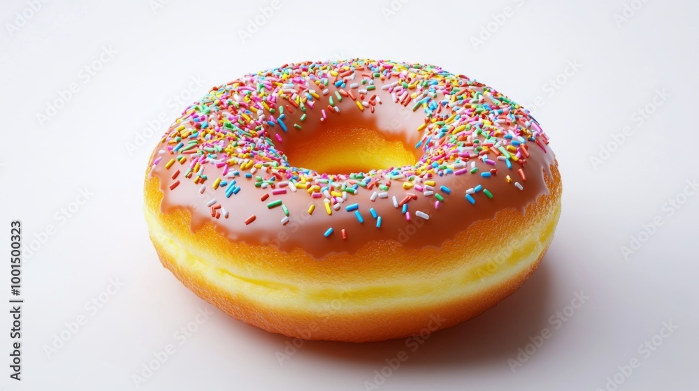 Poster a high-resolution image of a classic donut with a shiny glaze and colorful sprinkles, set against a 