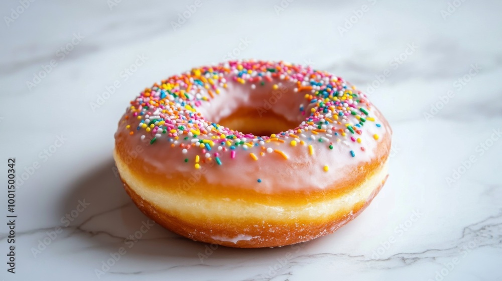Poster a high-resolution image of a classic donut with a shiny glaze and colorful sprinkles, set against a 