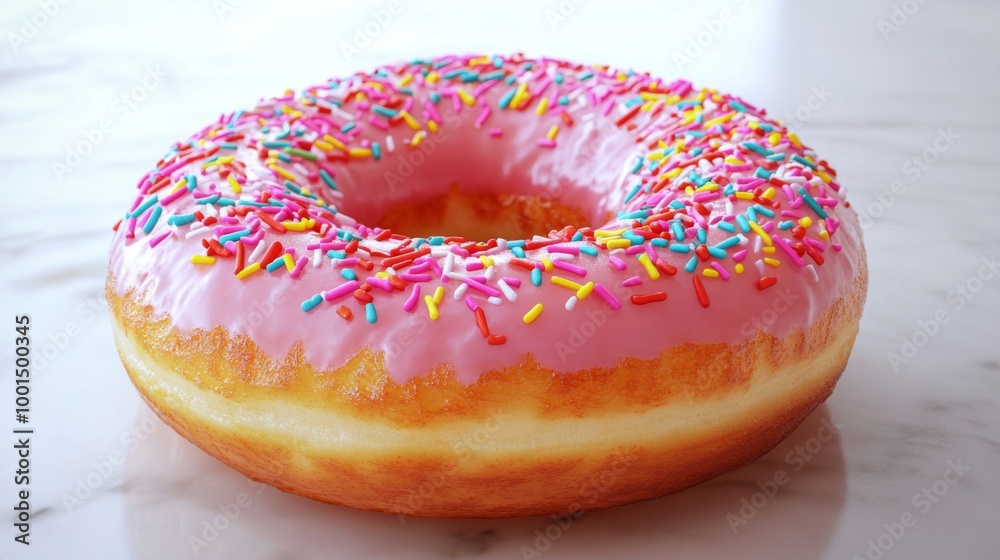 Poster a high-resolution image of a classic donut with a shiny glaze and colorful sprinkles, set against a 