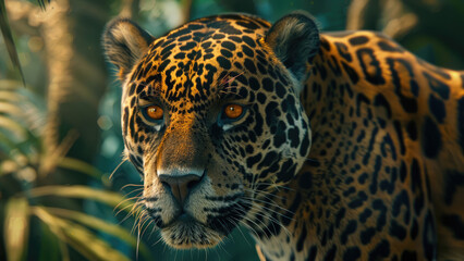 Fototapeta premium Close-up of a jaguar's intense gaze through jungle foliage