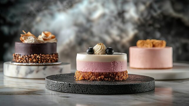 food photography,Various cakes&iuml;&frac14;&OElig;advertising poster, studio light, soft and dreamy lightingcool and muted colors, middle mirror, artistic plating