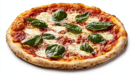 A high-resolution image of a classic Margherita pizza with a crispy crust, topped with fresh basil leaves and a generous amount of tomato sauce and cheese.