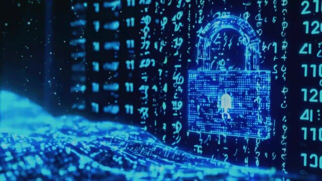 An abstract digital vault door made of holographic code opens and closes, binary data waves flowing securely out, symbolizing secure storage and access, 4k Video technology Background