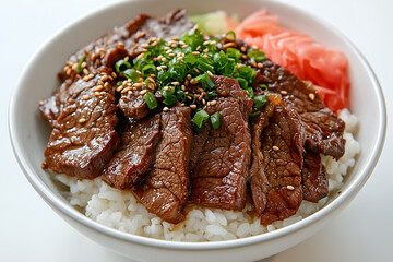 Fototapeta premium Gyudon, a bowl of rice topped with savory beef, drizzled in a rich sauce and garnished with green onions.