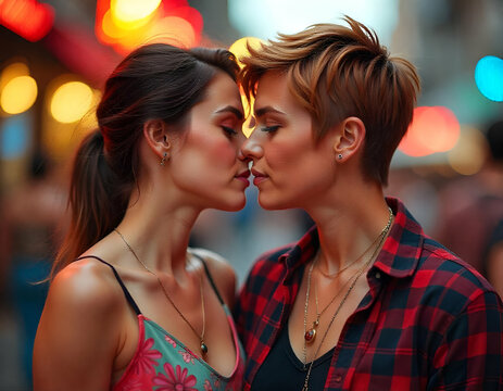 Two young lesbian women with colorful hair kissing, with a blurred street background, lgbt