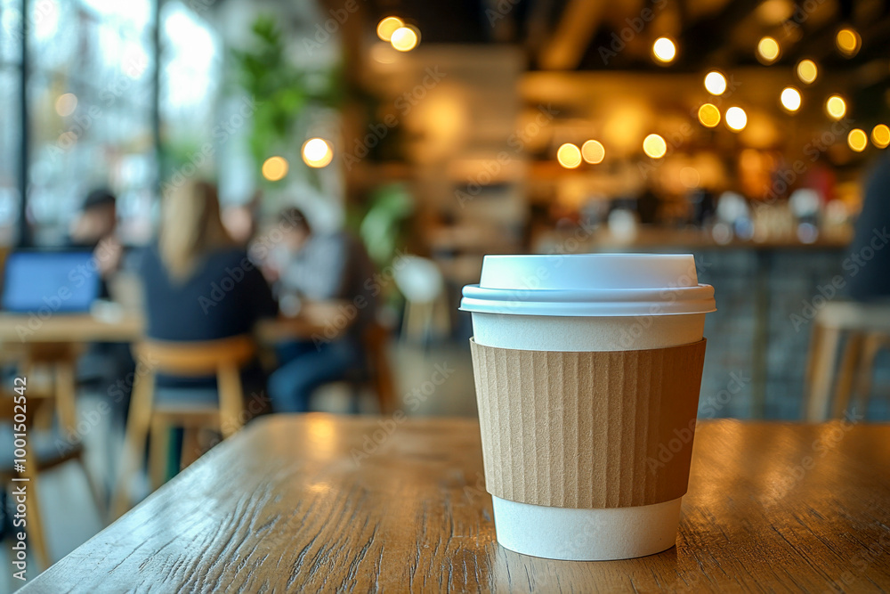 Wall mural cozy coffee shop ambiance with focus on disposable coffee cup