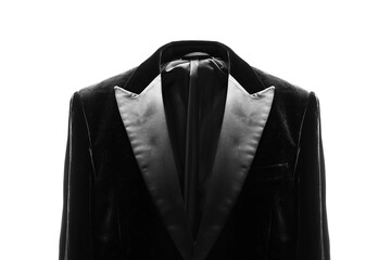 Luxurious black velvet jacket with satin lapels and sophisticated design isolated on transparent background