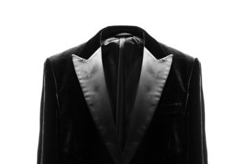 Luxurious black velvet jacket with satin lapels and sophisticated design isolated on transparent background