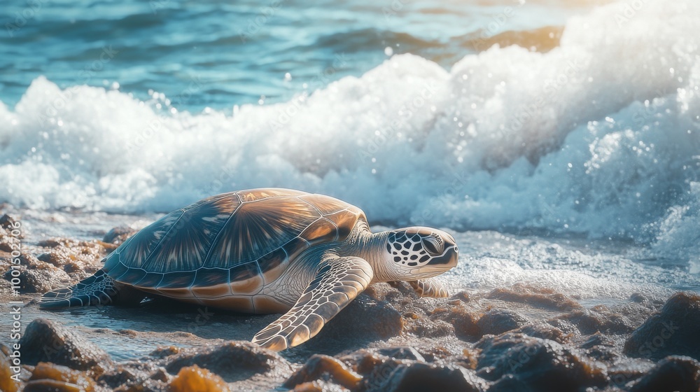 Poster A high-resolution image of a sea turtle basking in the sun on a rocky coastal shore, with waves crashing in the background and a focus on its relaxed pose.