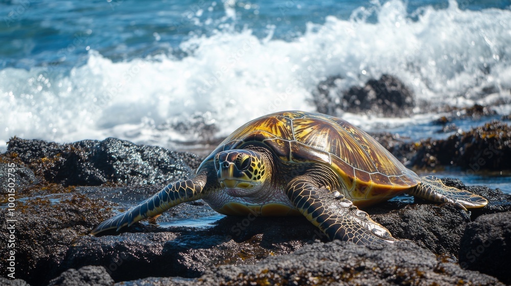 Poster A high-resolution image of a sea turtle basking in the sun on a rocky coastal shore, with waves crashing in the background and a focus on its relaxed pose.