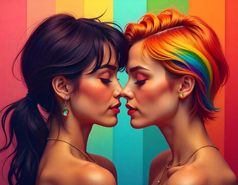 Two young lesbian women with colorful hair kissing, with a vibrant orange background, lgbt