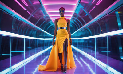 A woman in a yellow dress walks down a neon-lit hallway
