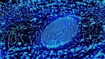 A cloud icon a binary code digital fingerprint icon, with blue data lines connections to it, seamless loop of data transfer protected by shields and locks, 4k Video technology Background - Powered by Adobe