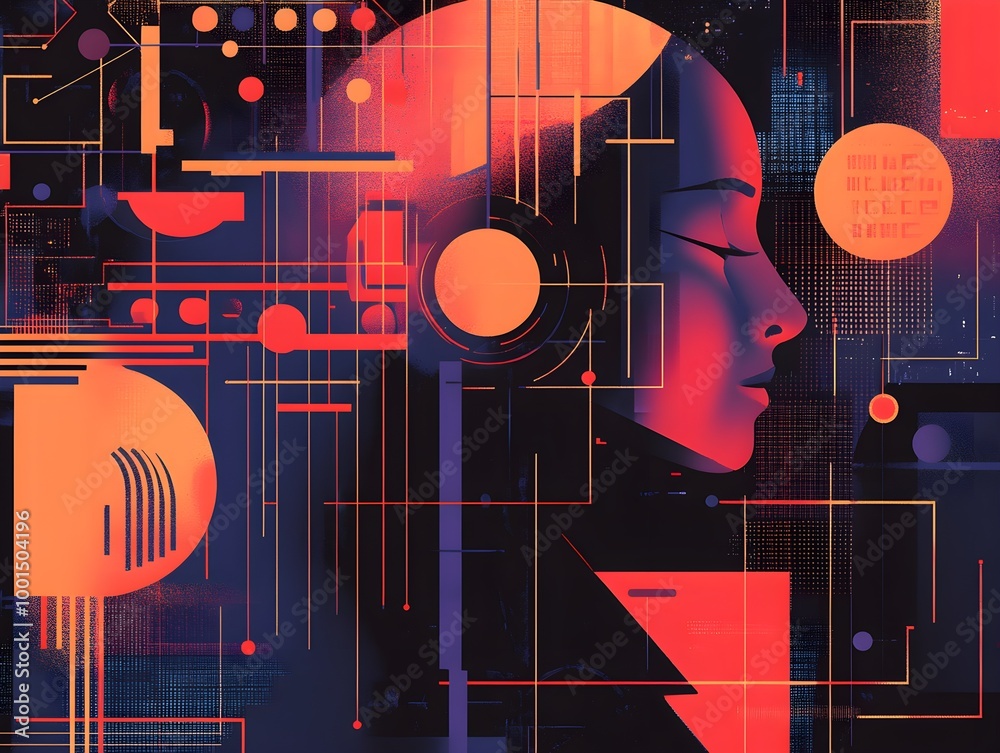 Poster abstract portrait with geometric shapes and vibrant colors