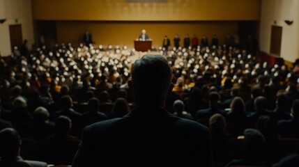 Man Swearing Oath to Audience of Masked Individuals in Grand Chamber