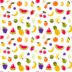 Seamless pattern with fruits and berries on white background. Vector illustration.