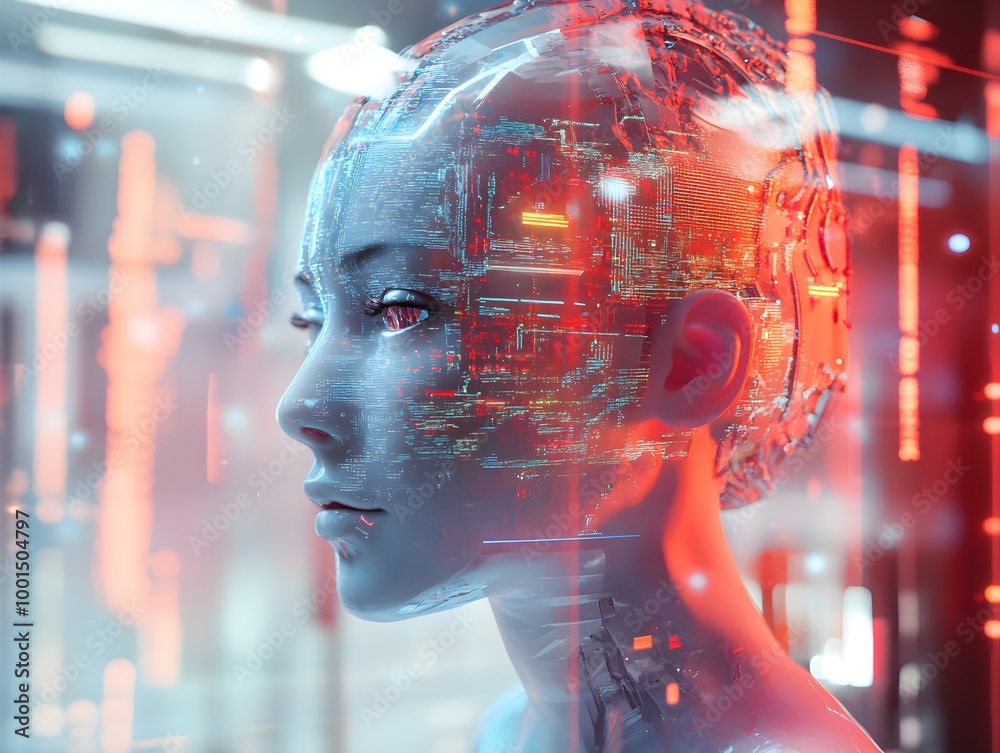 Poster Futuristic Robot with Digital Interface and Neon Lights