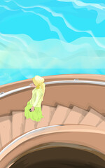 Obraz premium a woman in a hijab walking down the stairs of a seaside hotel