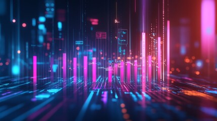 A high-tech bar chart featuring glowing neon bars, representing financial trends, set against a dark backdrop with floating data labels and percentage points.