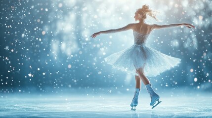 A woman in a white dress is skating on ice
