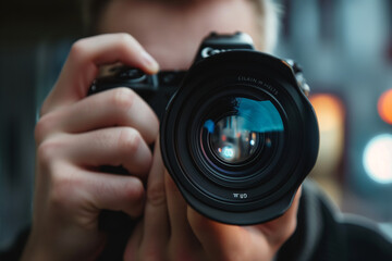 Professional photographer capturing an image with a digital camera lens in focus and beautiful bokeh.