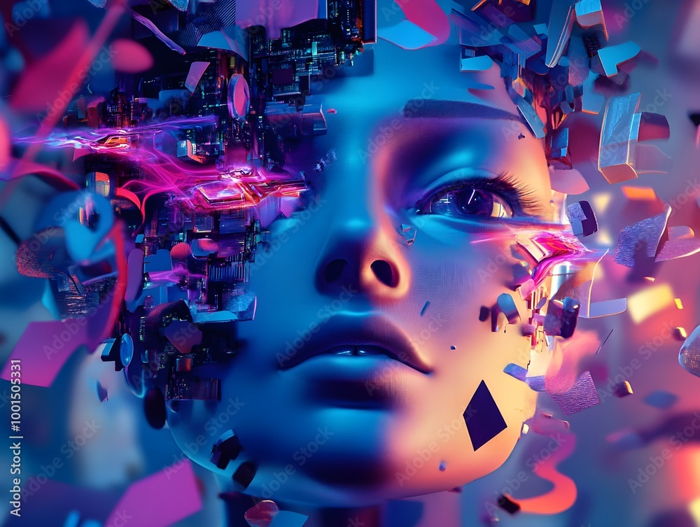 Poster Futuristic Abstract Portrait with Colorful Digital Elements