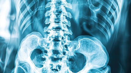 X-ray image of the human abdomen with visible internal organs, highlighting specific areas for treatment, symbolizing cutting-edge medical technology