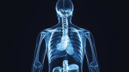 X-ray of human torso with visible internal organs and highlighted zones, showcasing the use of medical imaging technology for accurate diagnosis and treatment