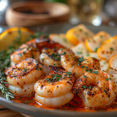 Grilled shrimp dish with lemon and rosemary garnished with herbs, perfect savory gourmet meal.