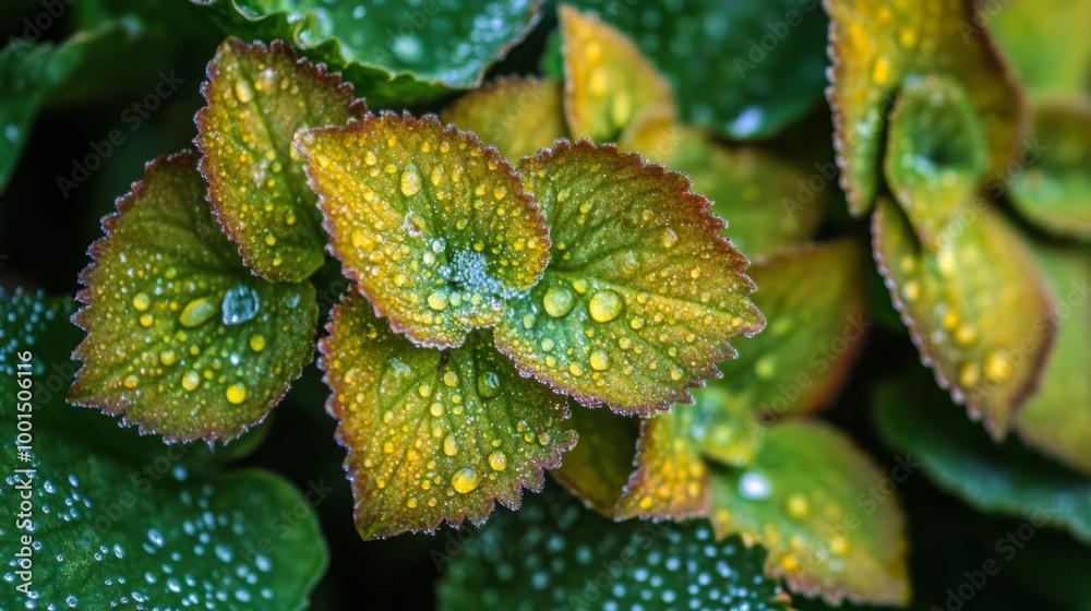 Poster a macro shot of a cluster of leaves with dew drops on a wet garden bed, emphasizing the freshness an