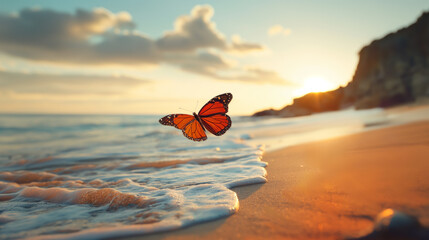 A monarch butterfly at sunset on the beach with waves reflecting the orange glow of the beachside sky
