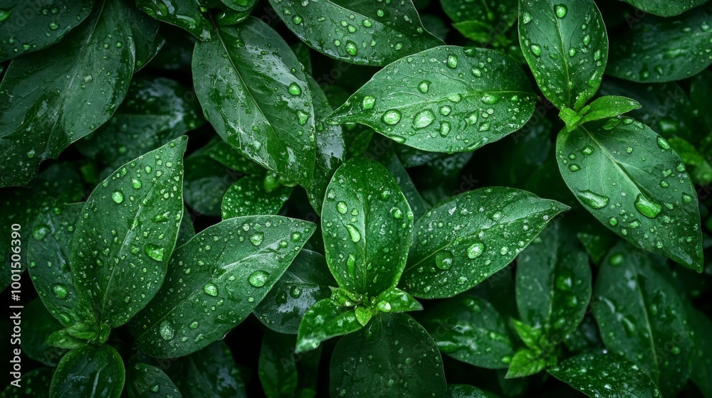 Poster a macro shot of a cluster of leaves with dew drops on a wet garden bed, emphasizing the freshness an