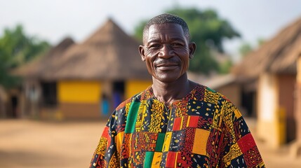 A man in a brightly colored Ghanaian kente cloth, standing proudly in a village square with traditional houses