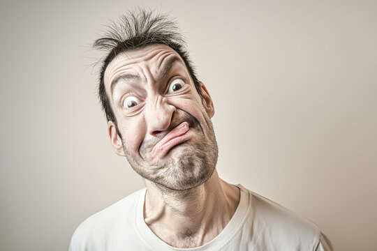 Silly man making a funny face with a quirky and goofy grimace in a whimsical and absurd expression