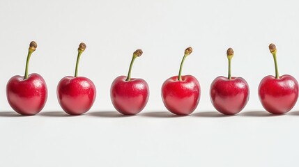 A row of red cherries are lined up on a white background. The cherries are all the same size and shape, and they are all facing the same direction. The image has a simple and straightforward feel