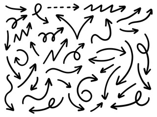 Hand drawn arrows collection Set simple flat arrows isolated on white background. Arrow mark icons and arrow paint. Stock vector. EPS10.