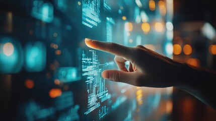 Businessman touching on digital screen with stock market graph and chart background,