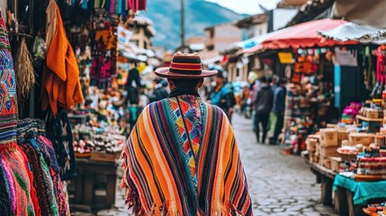 Obraz premium A man in a Bolivian chullo and poncho, walking through a village market during a local festival